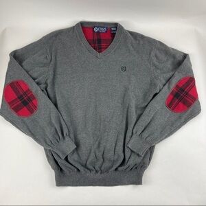 Chaps Sweater Mens XL Gray Red Plaid Elbow Patches Vneck